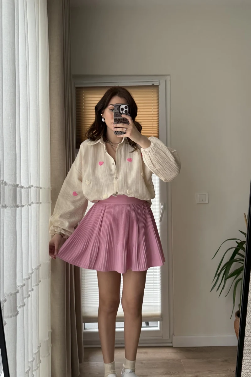 Pembe Pileli Mini Şort Etek