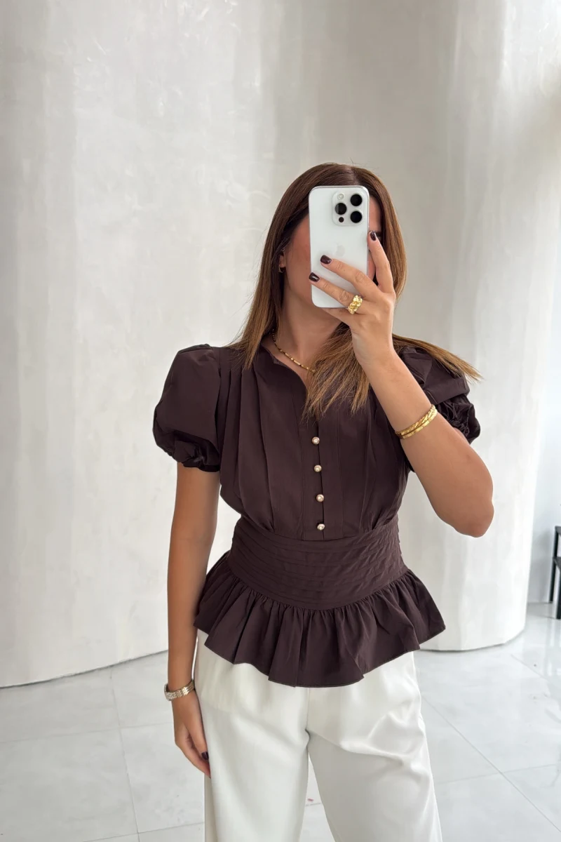 Penny Balon Kol Pileli Bluz - Kahve - Kod: 1107