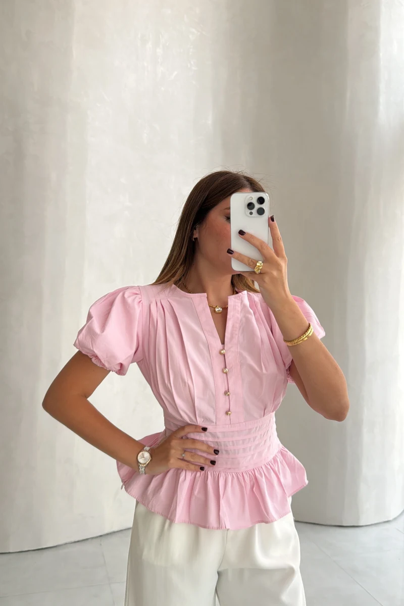 Penny Balon Kol Pileli Bluz - Pembe - Kod: 1107