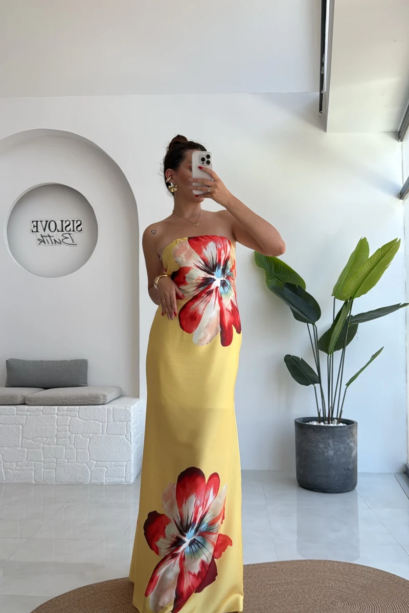 Peony Sarı Straplez Saten Elbise