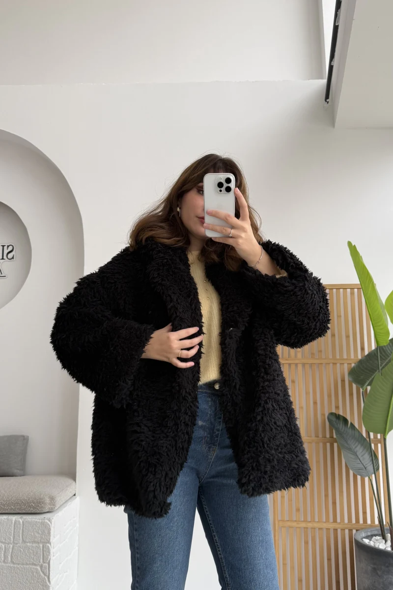 Pera Oversize Peluş Ceket - Siyah