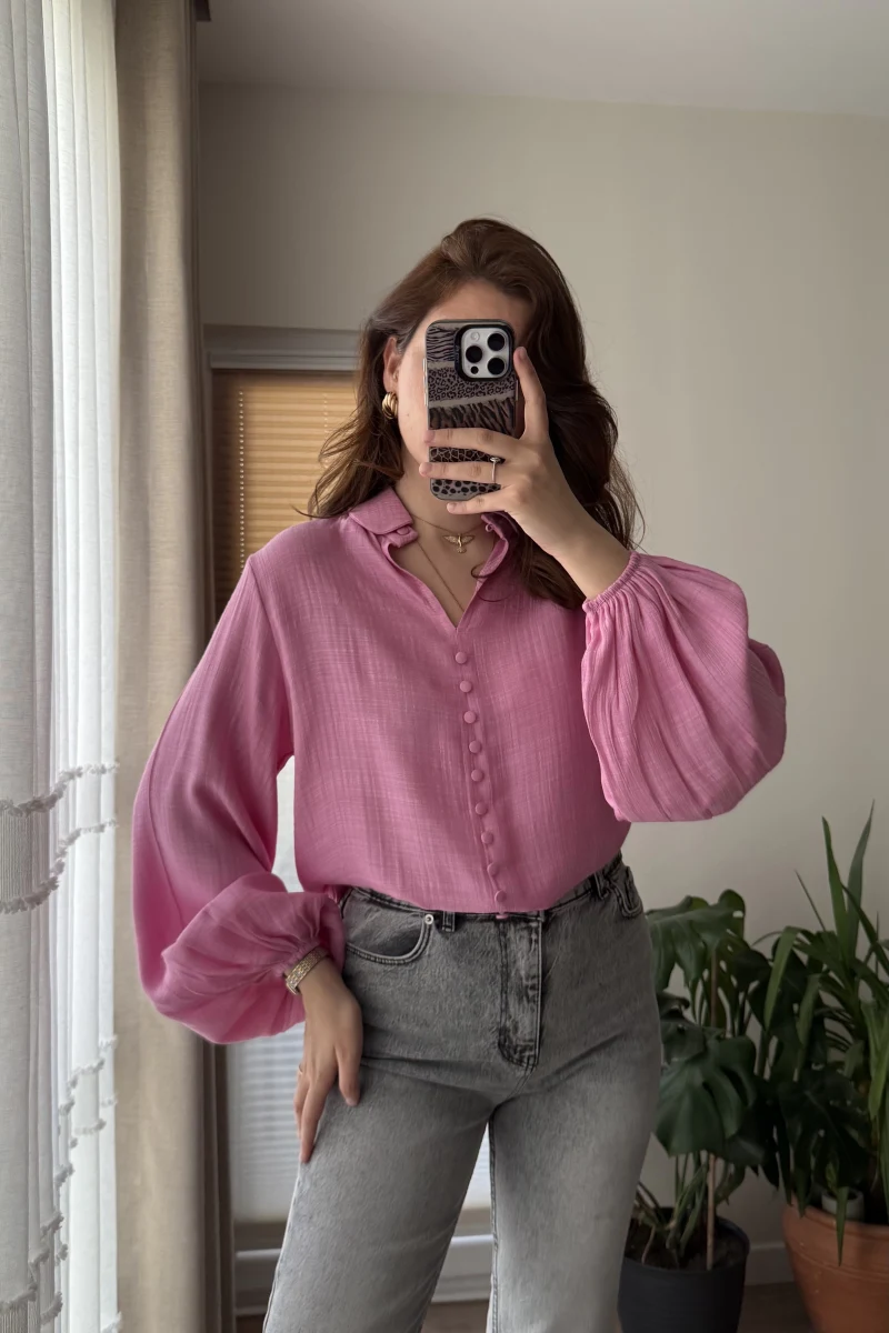 Peri Serisi Balon Kol Pembe Bluz