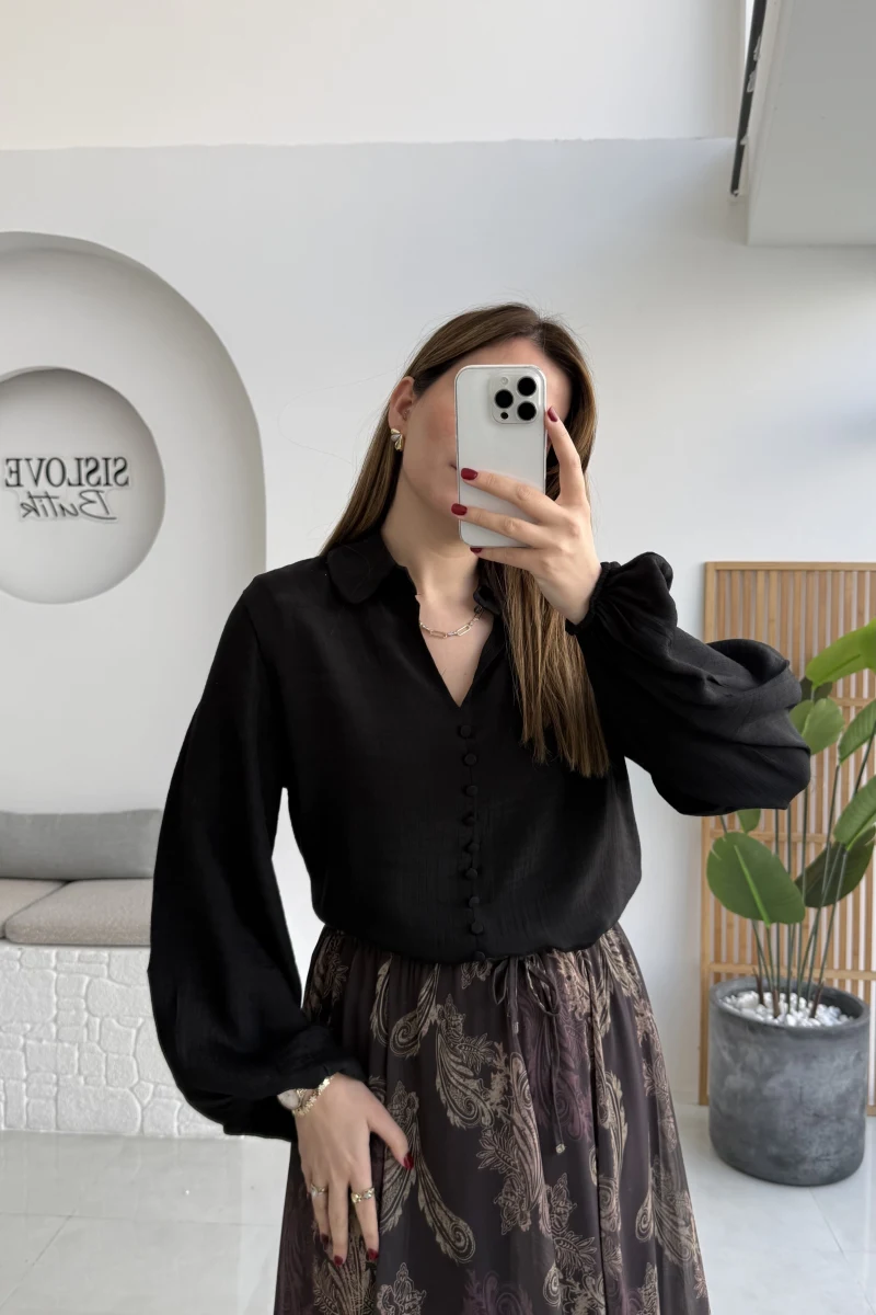 Peri Serisi Balon Kol Siyah Bluz