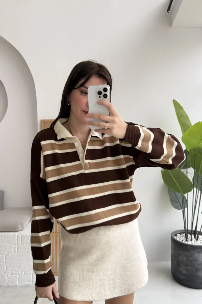 Petit Çizgili Kazak - Acı Kahve - Kod: 34101