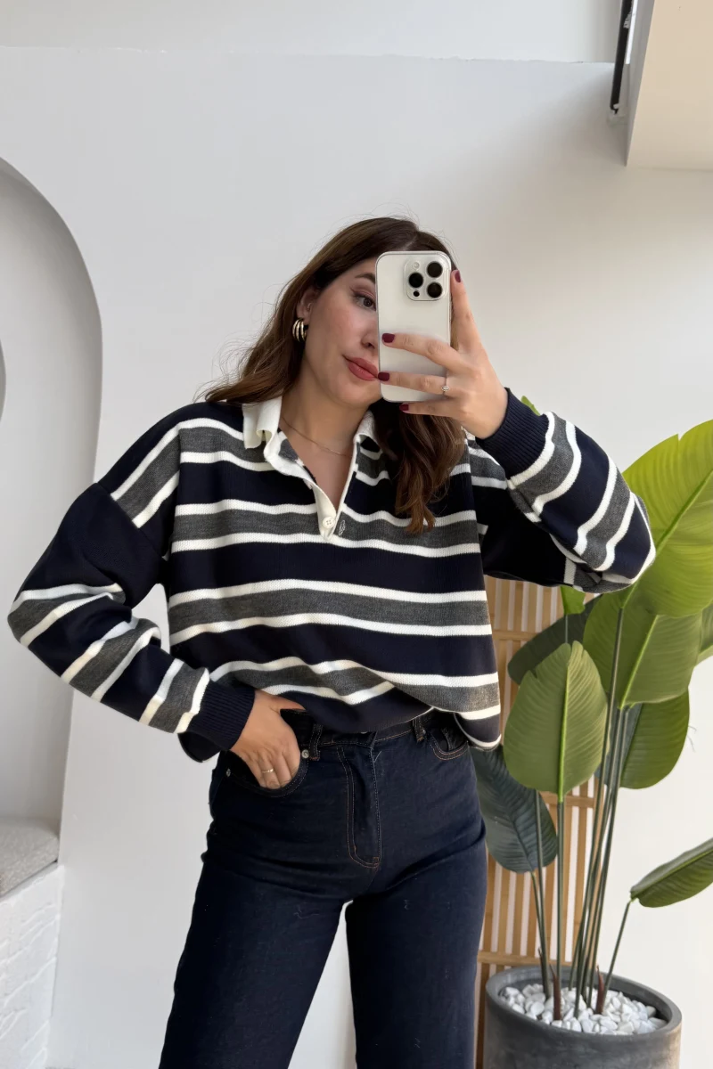 Petit Çizgili Kazak - Antrasit - Kod: 34101