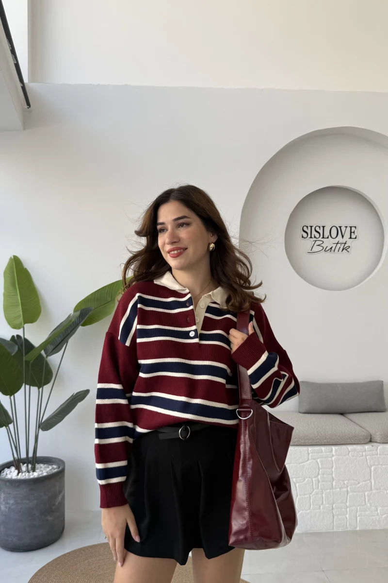 Petit Çizgili Kazak - Bordo - Kod: 34101