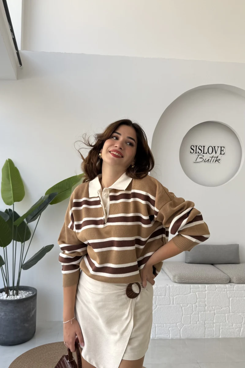 Petit Çizgili Kazak - Camel - Kod: 34101