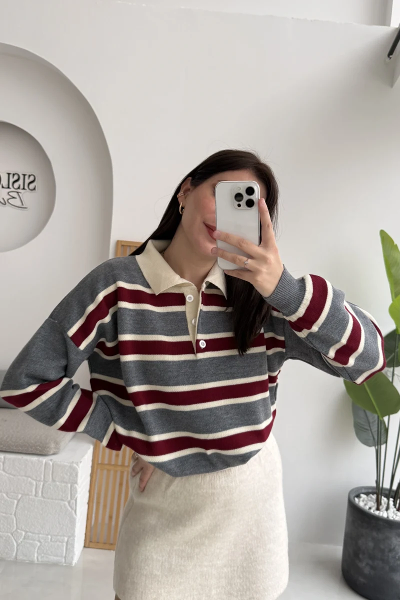 Petit Çizgili Kazak - Gri - Kod: 34101