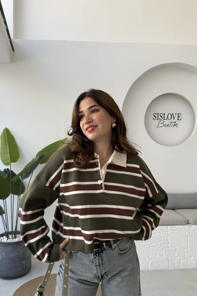 Petit Çizgili Kazak - Haki - Kod: 34101