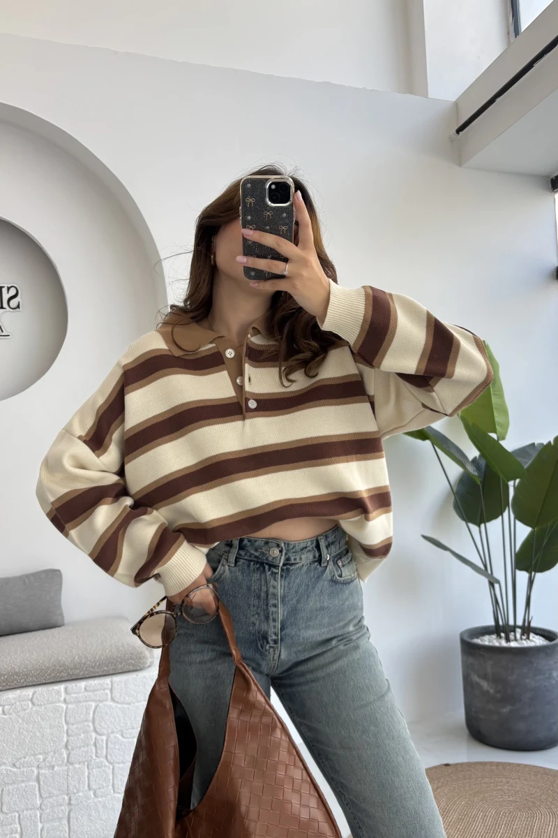 Petit Çizgili Kazak - Krem - Kod: 34101