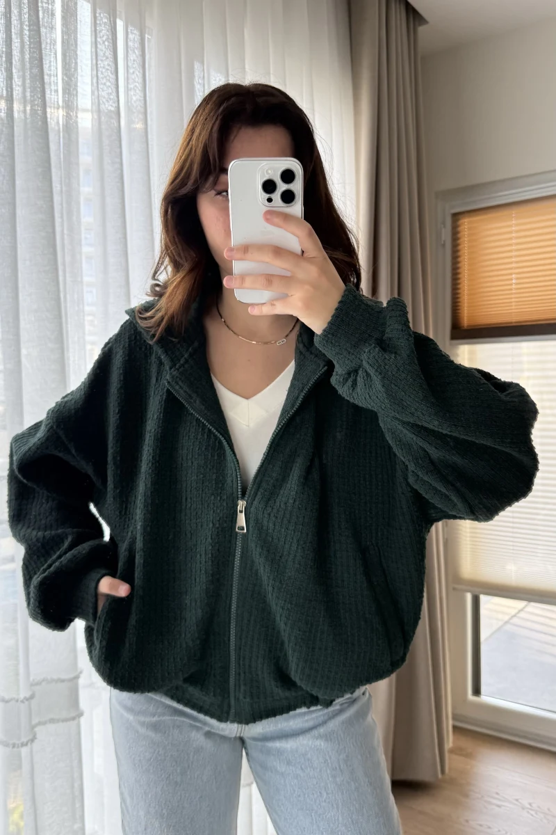 Petrol Yeşili Kapitone Kapüşonlu Hırka