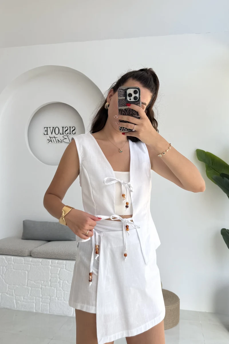 Pie Boncuk Detay Şort Etek Takım - Beyaz