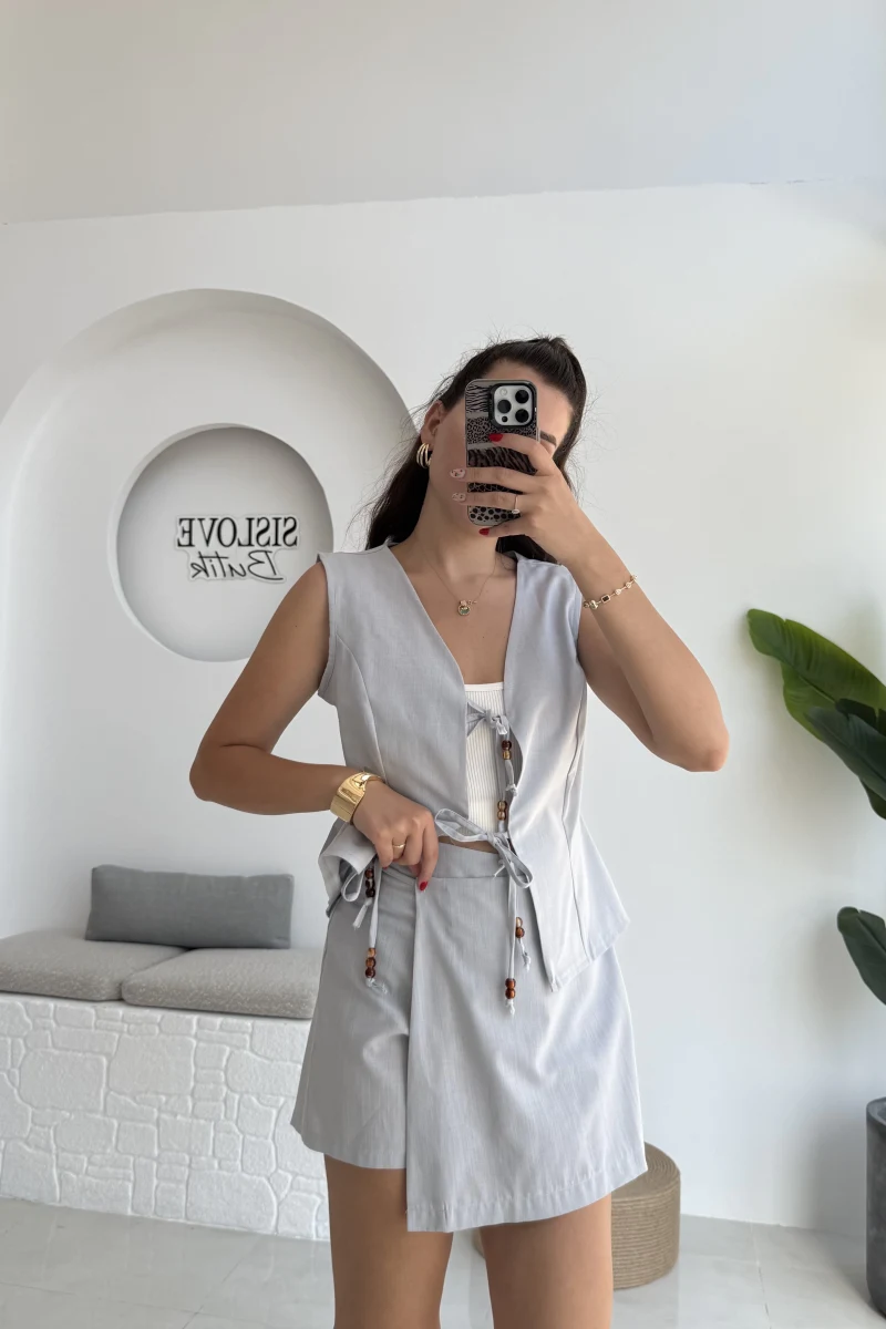 Pie Boncuk Detay Şort Etek Takım - Gri