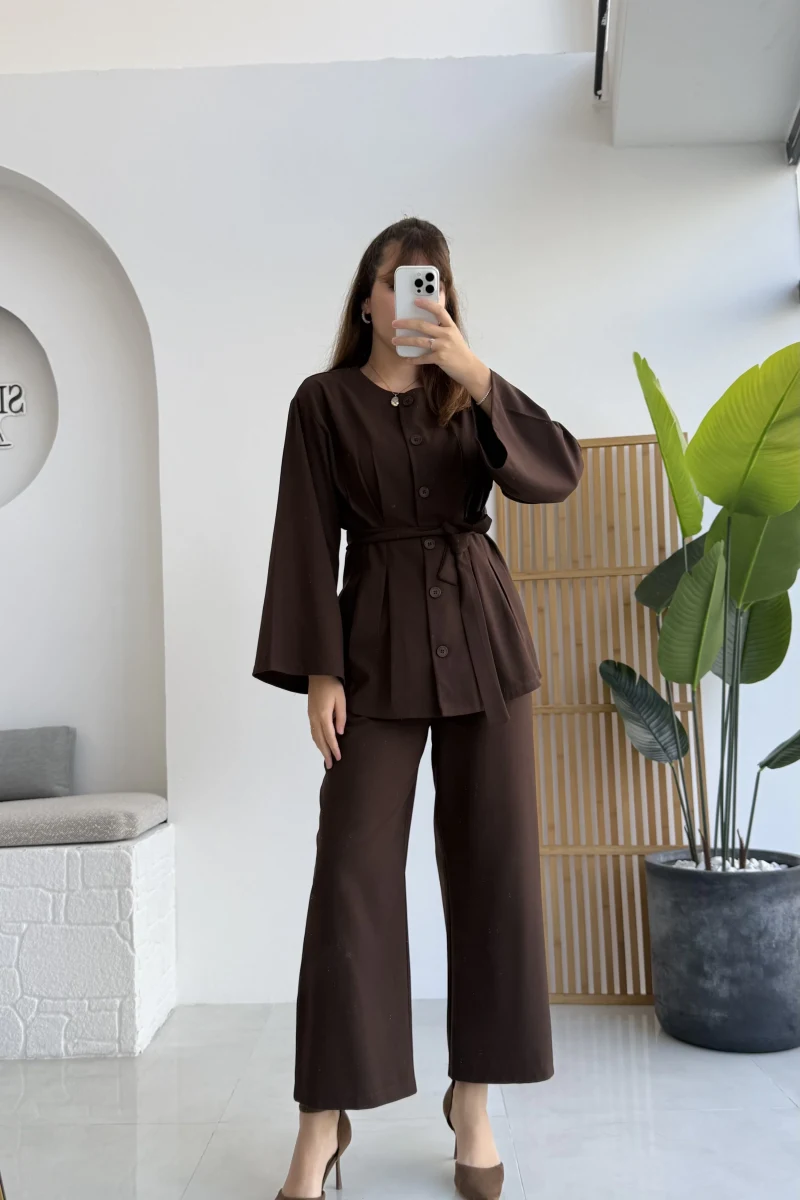Pile Detaylı Tunik Pantolon Takım Kuşaklı Acı Kahve Kod:8795