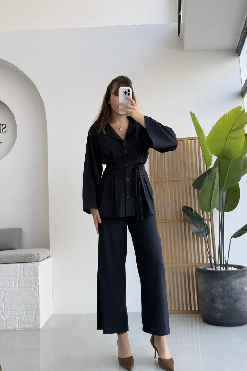 Pile Detaylı Tunik Pantolon Takım Kuşaklı Lacivert Kod:8795