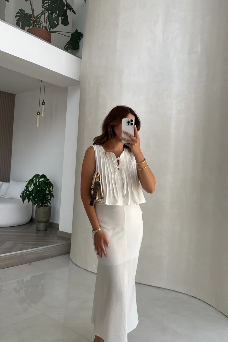 Pileli Bluz Etek Takım - Beyaz - Kod: 8490 8021