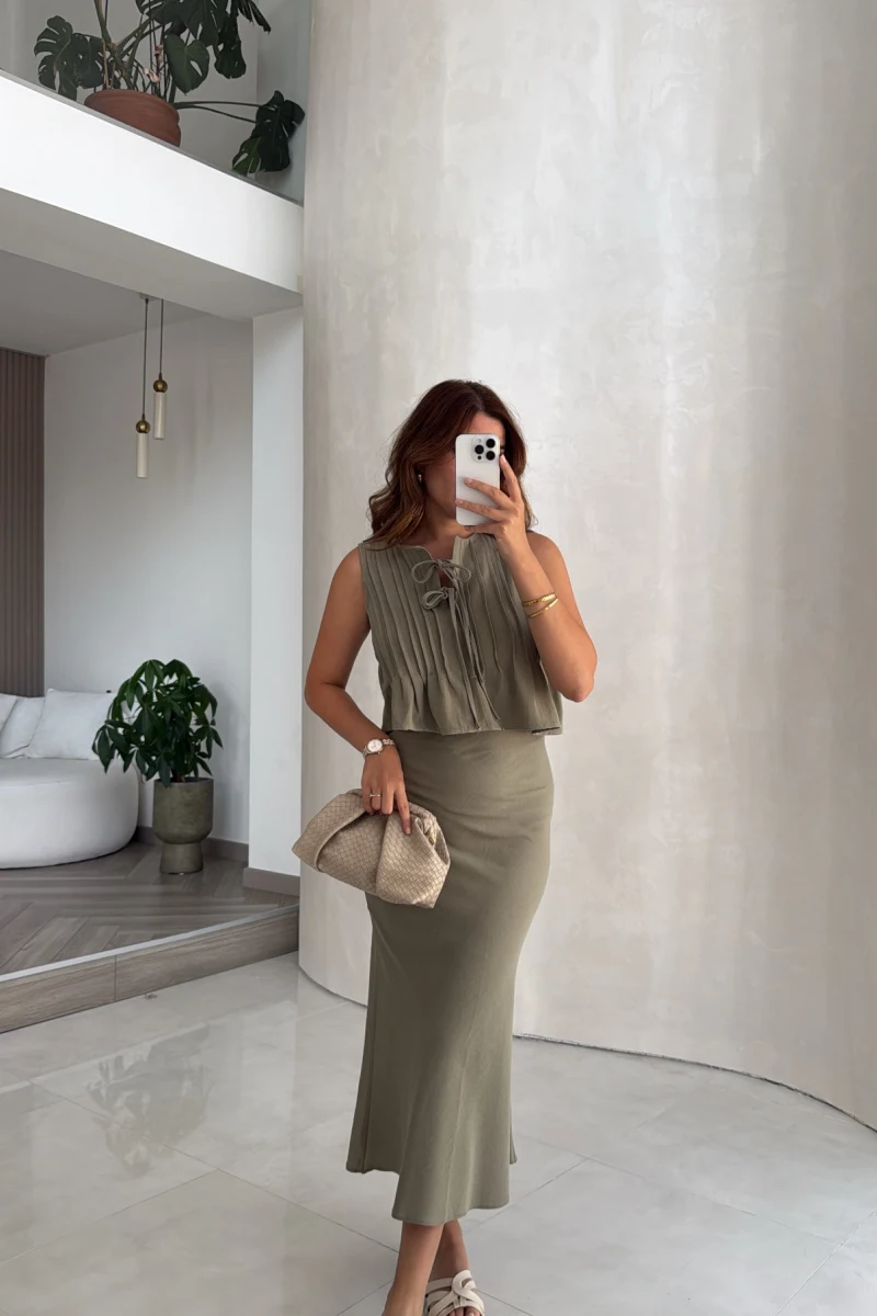 Pileli Bluz Etek Takım - Haki - Kod: 8490 8021