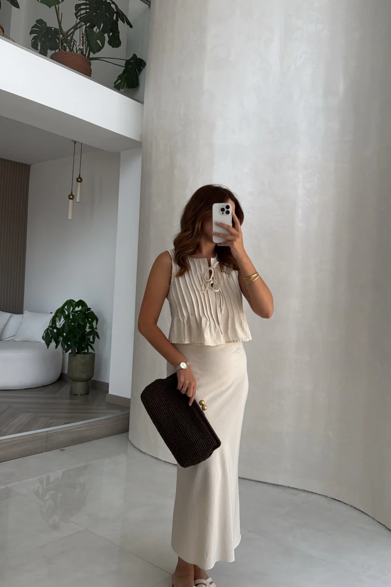 Pileli Bluz Etek Takım - Natural - Kod: 8490 8021