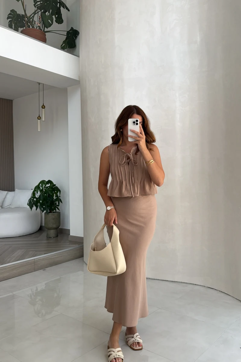 Pileli Bluz Etek Takım - Vizon - Kod: 8490 8021