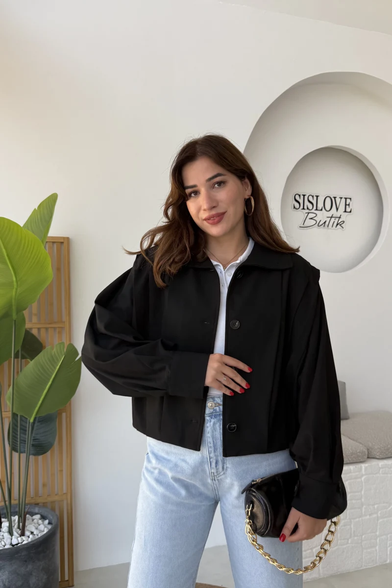 Pileli Trençkot - Siyah