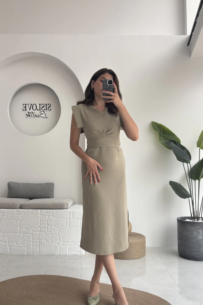 Pimenta Kuşaklı Midi Elbise - Haki - 2294