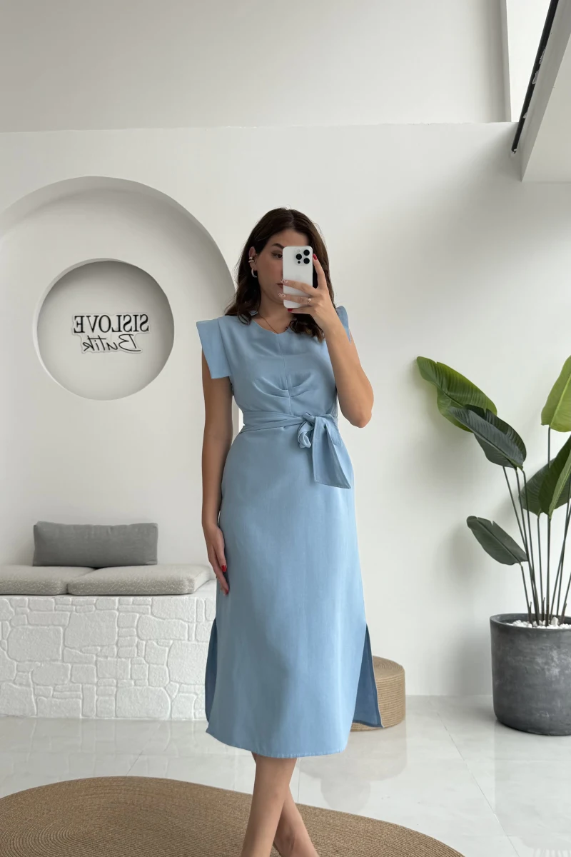 Pimenta Kuşaklı Midi Elbise - Mavi - 2294
