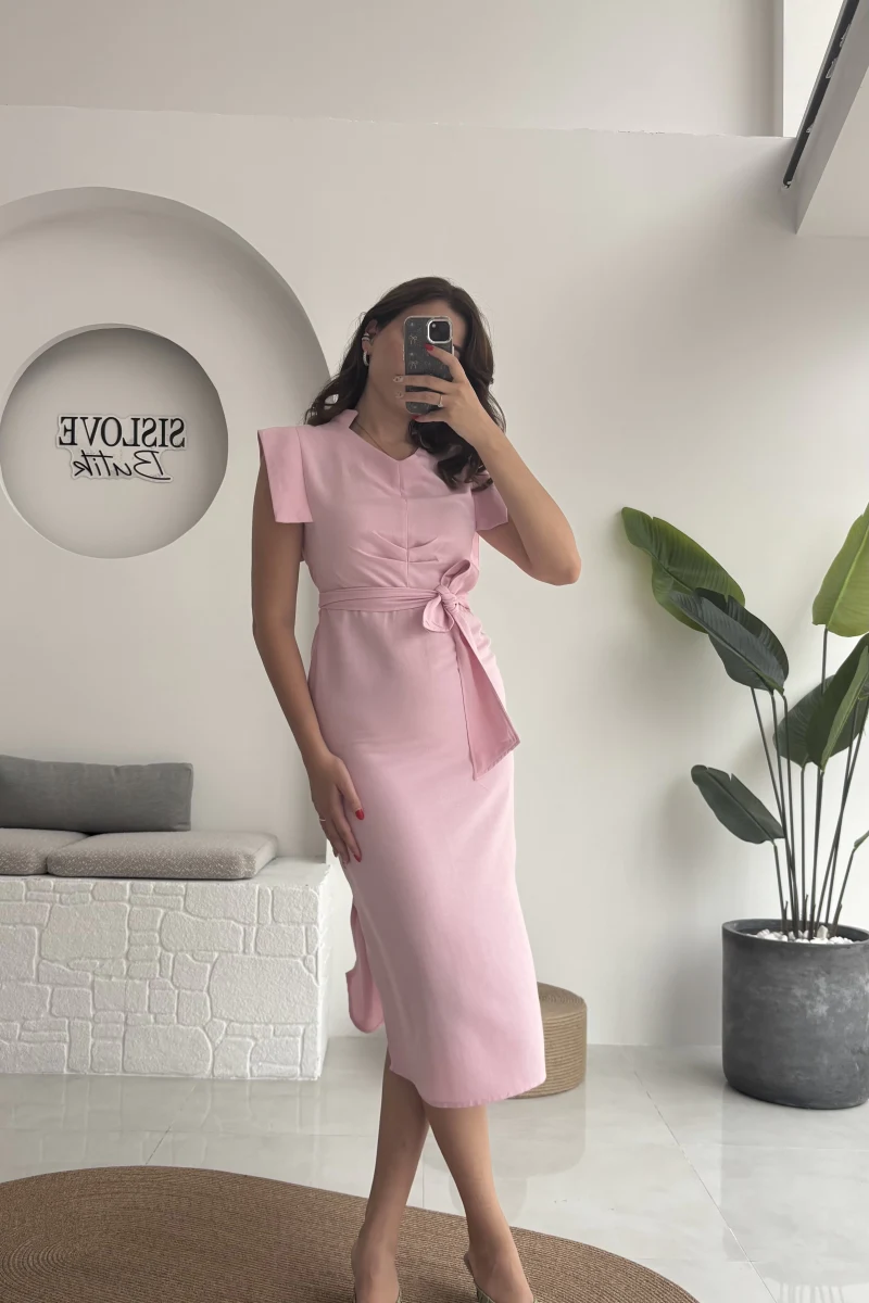 Pimenta Kuşaklı Midi Elbise - Pembe - 2294