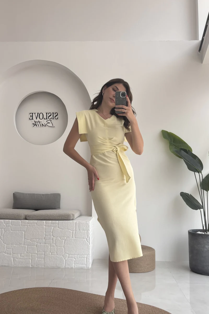 Pimenta Kuşaklı Midi Elbise - Sarı - 2294