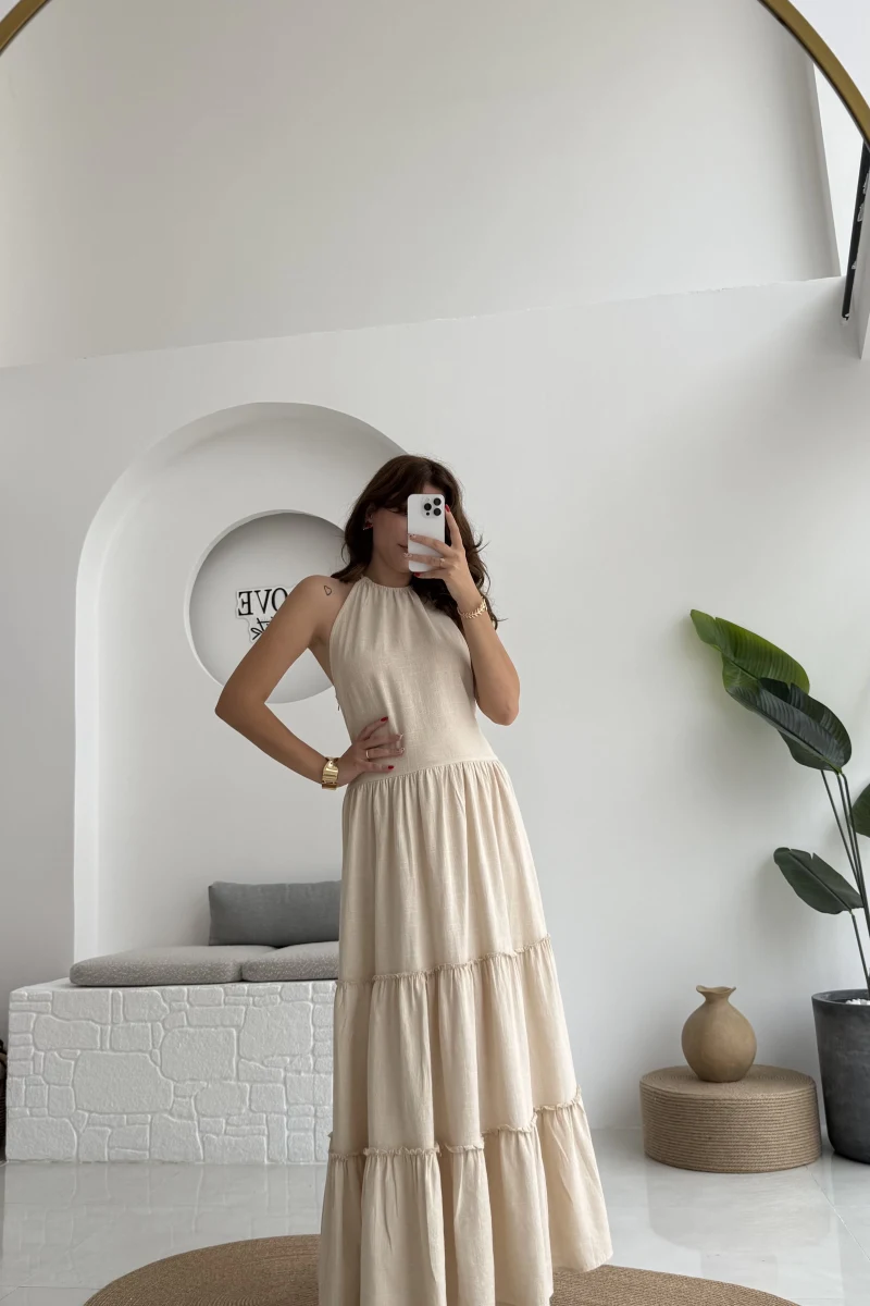 Polen Boyundan Bağlamalı Keten Elbise - Bej - 6027