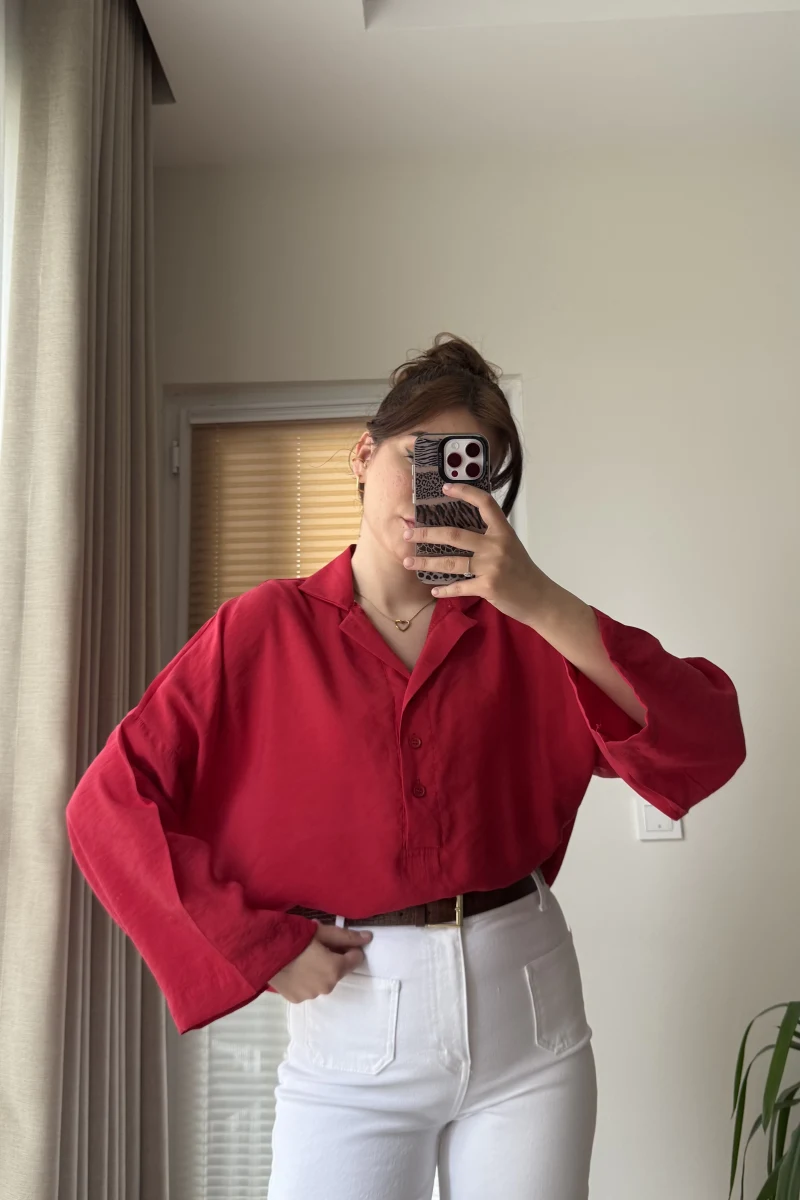 Polo Yaka Bluz Nar Çiçeği