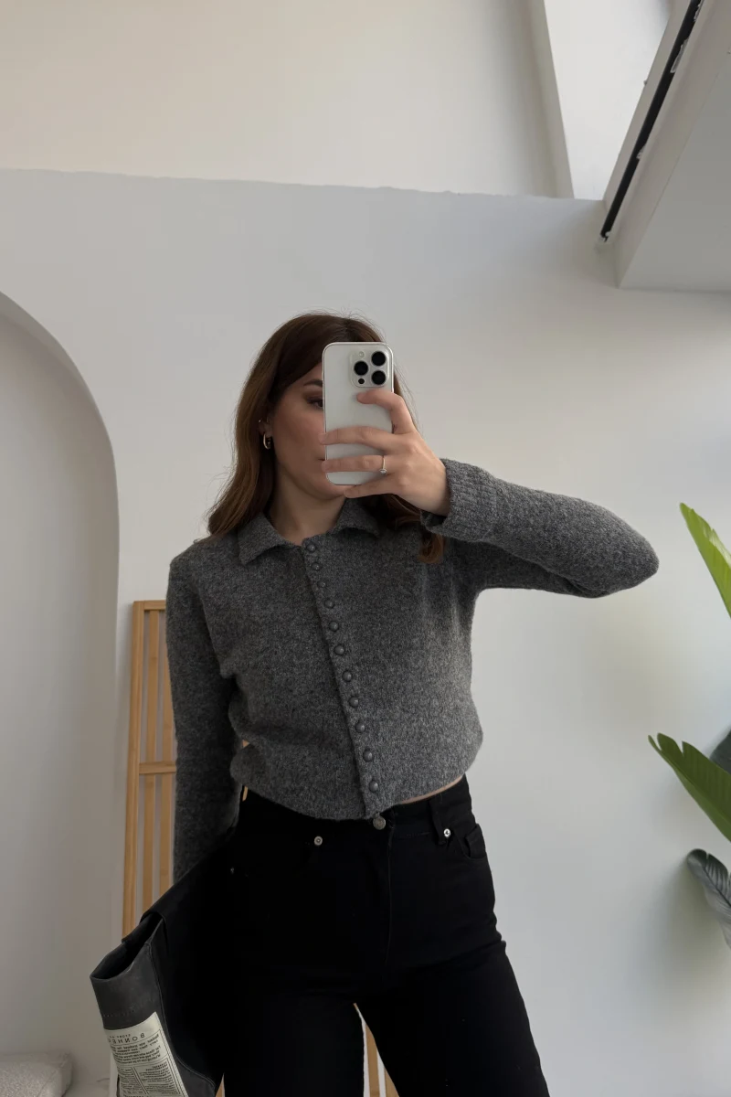 Polo Yaka Düğmeli Hırka - Antrasit