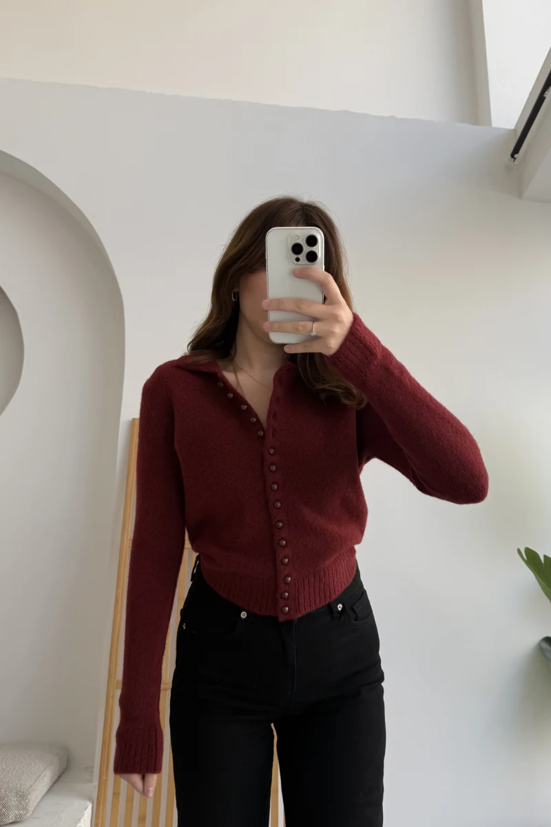 Polo Yaka Düğmeli Hırka - Bordo