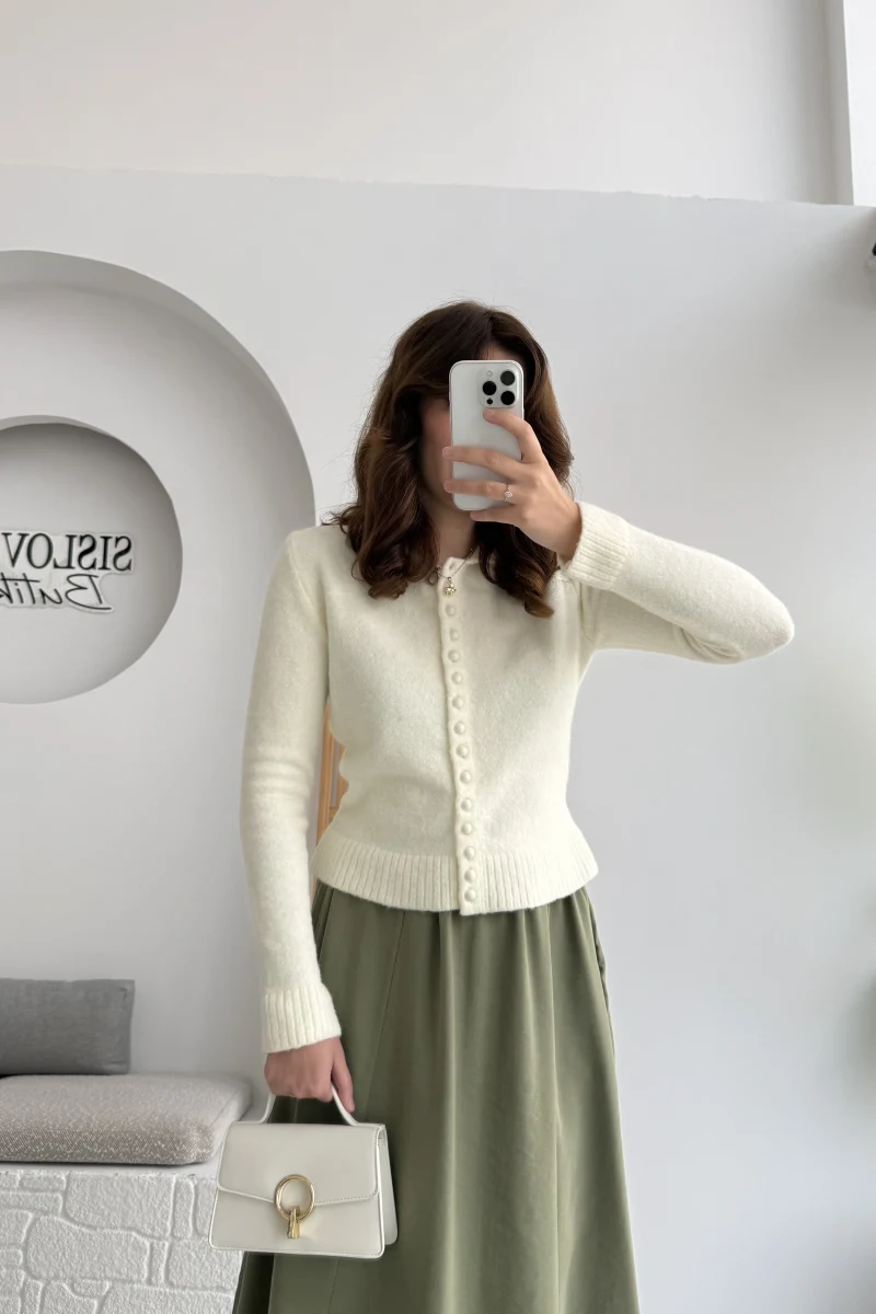 Polo Yaka Düğmeli Hırka - Ekru