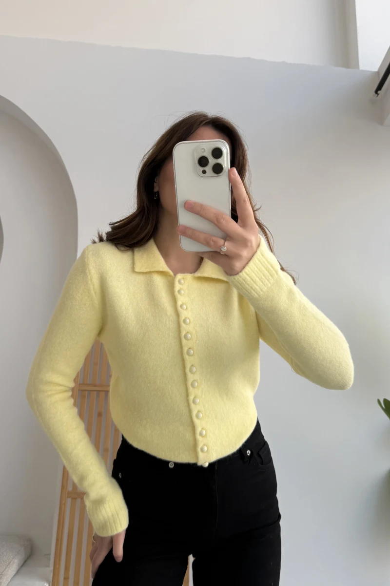 Polo Yaka Düğmeli Hırka - Sarı