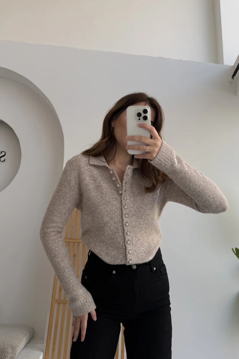 Polo Yaka Düğmeli Hırka - Taş