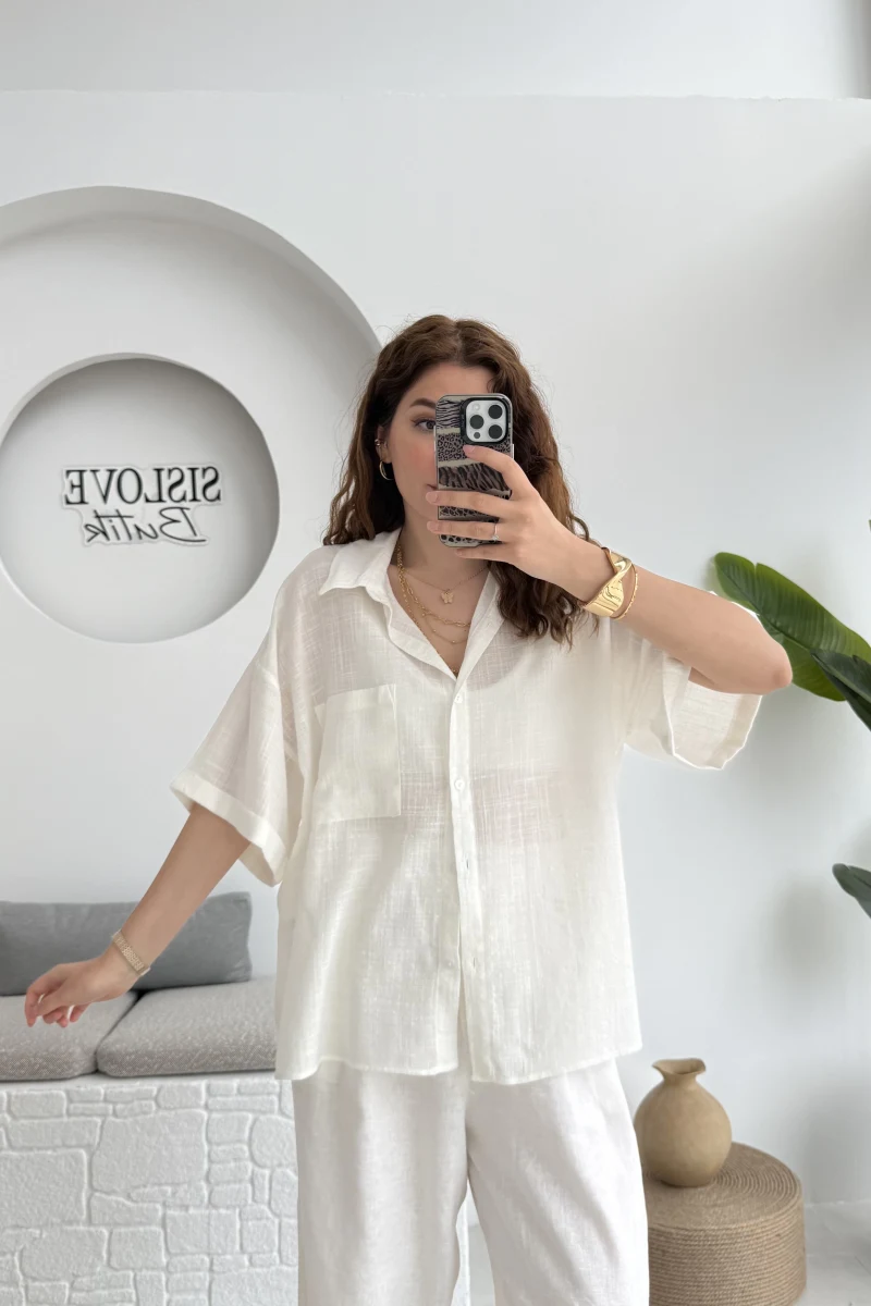 Pome Keten Karışımlı Tek Cepli Gömlek Ekru - 2114