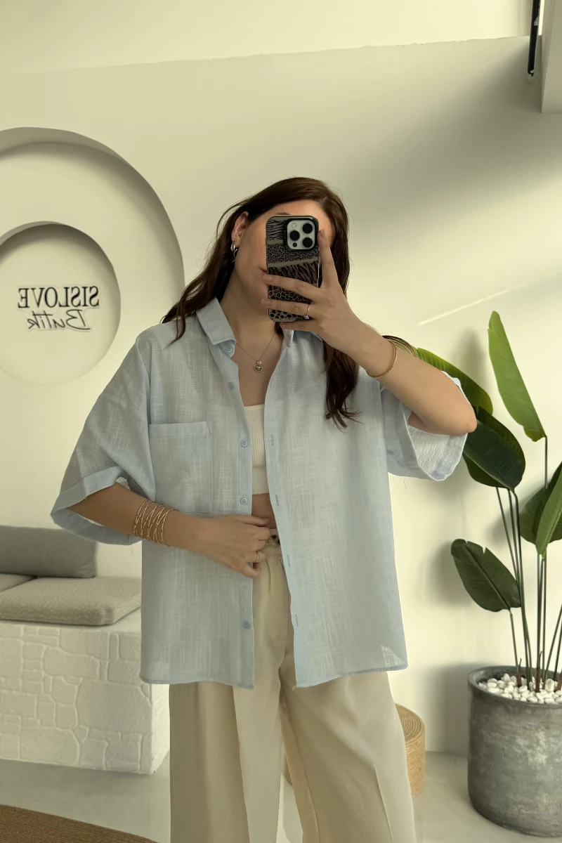 Pome Keten Karışımlı Tek Cepli Gömlek Mavi - 2114