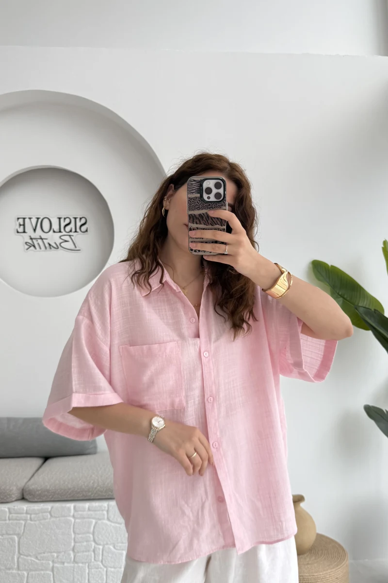 Pome Keten Karışımlı Tek Cepli Gömlek Pembe - 2114