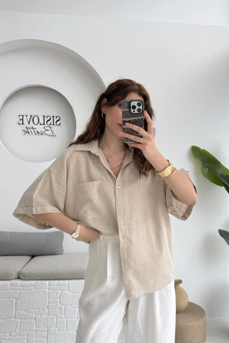 Pome Keten Karışımlı Tek Cepli Gömlek Taş - 2114