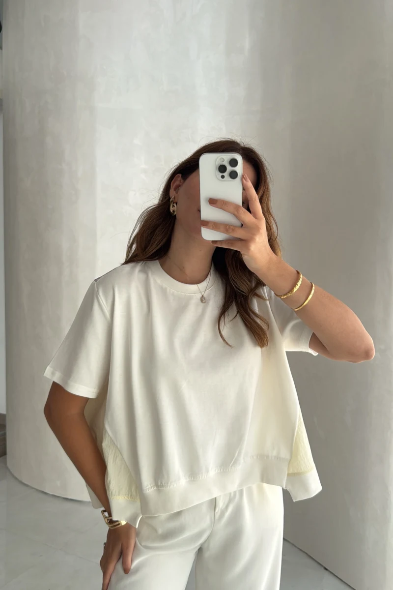 Poplin Detay Büzgülü T-shirt - Ekru - Kod: 1044