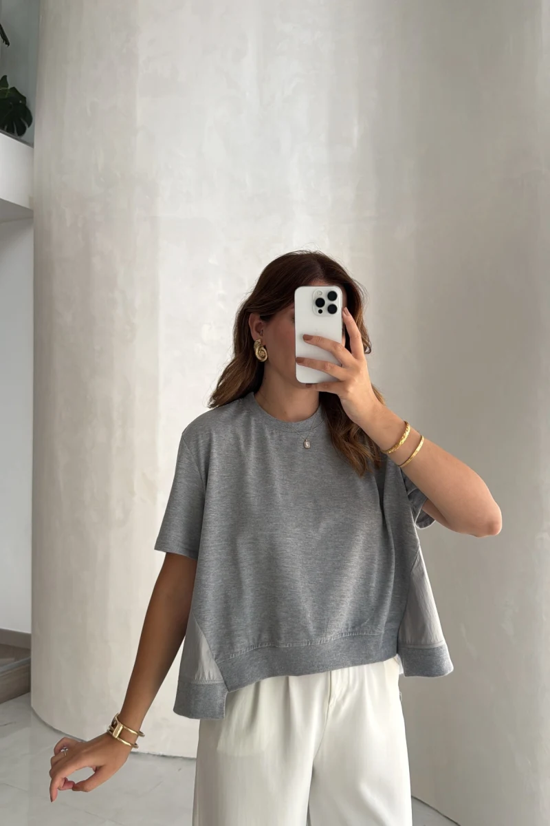 Poplin Detay Büzgülü T-shirt - Gri - Kod: 1044