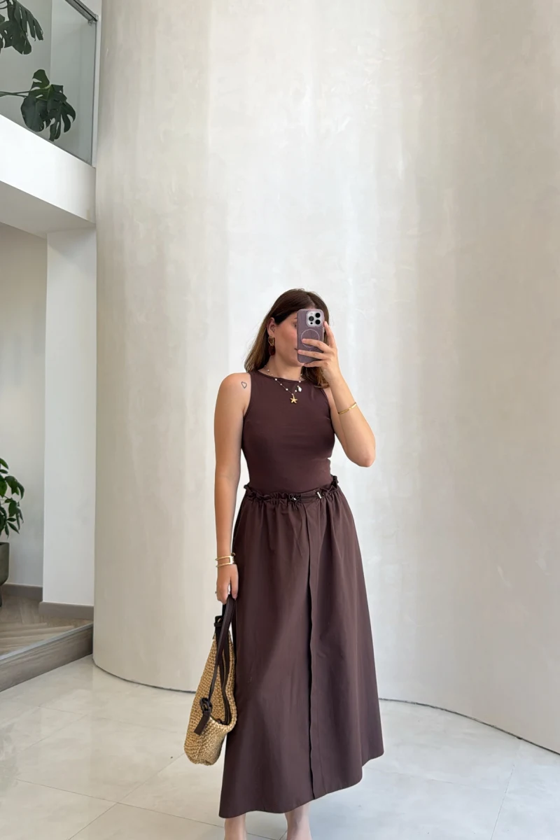 Poplin Etekli Elbise - Kahve - Kod: 4159