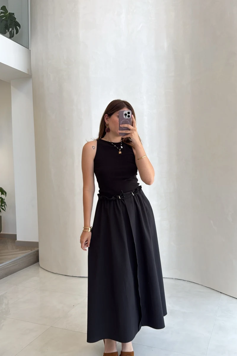 Poplin Etekli Elbise - Siyah - Kod: 4159
