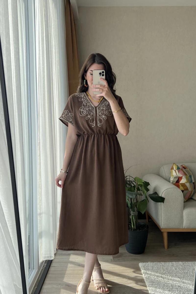 Poppy Kahverengi Nakışlı Elbise
