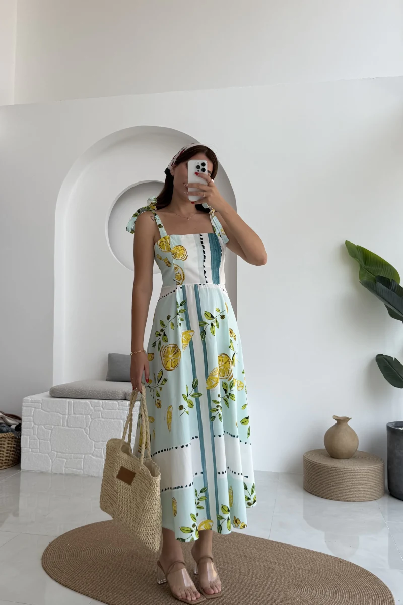 Positano Limon Detay Askıları Bağlamalı Elbise