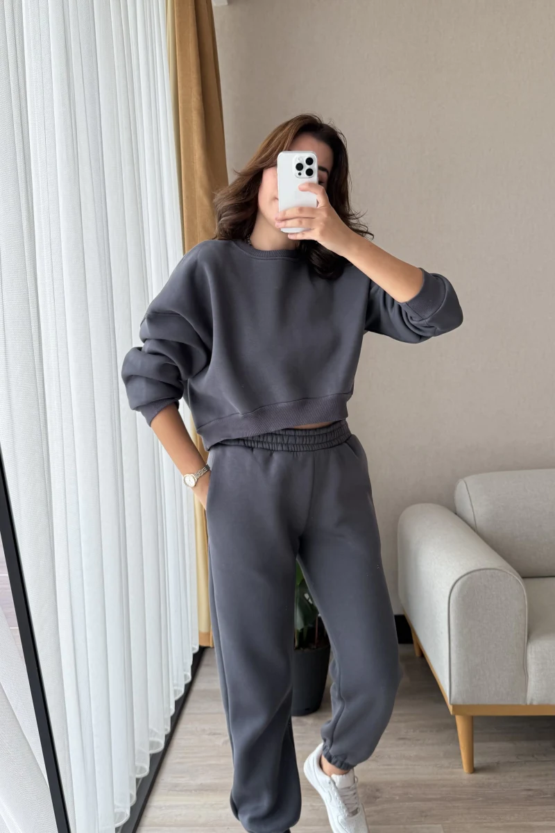 Power Antrasit Bisiklet Yaka Crop Sweat 3 İplik Eşofman Takımı