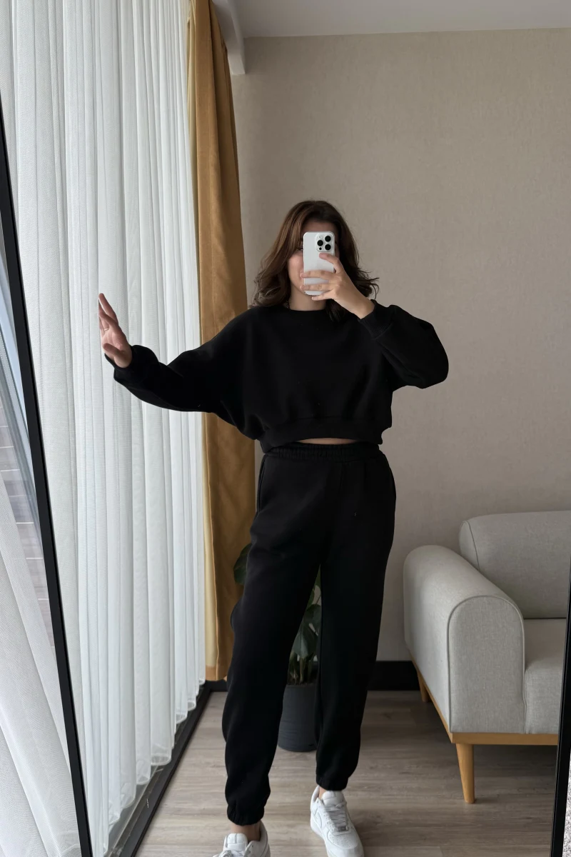 Power Siyah Bisiklet Yaka Crop Sweat 3 İplik Eşofman Takımı