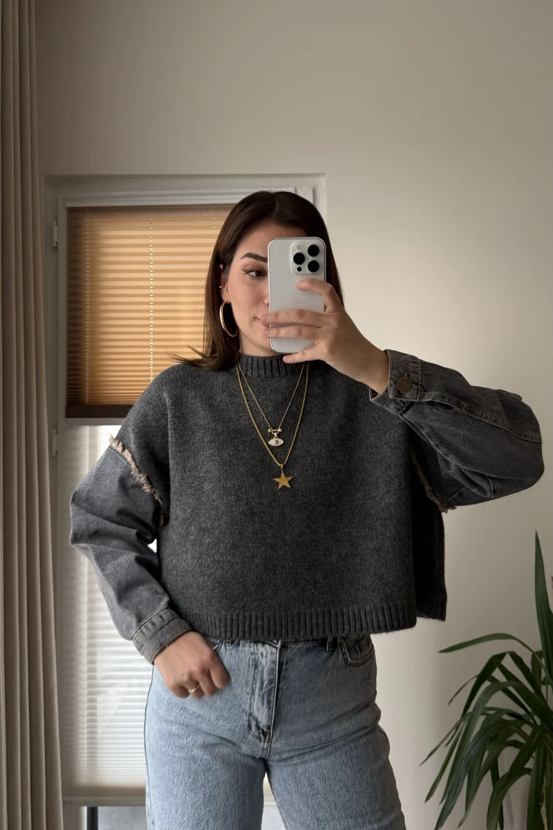 Premium Antrasit Denim Detay Kazak