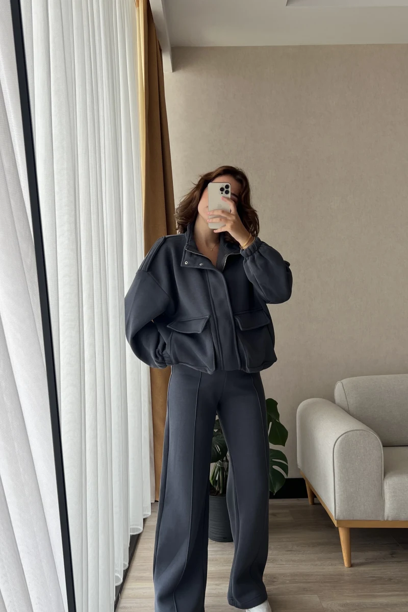 Premium Antrasit Rengi Bomber Ceket Eşofman Takım