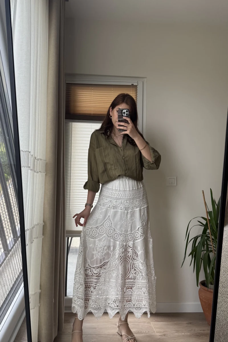 Premium Dantel ve Kumaş Detay Etek Beyaz